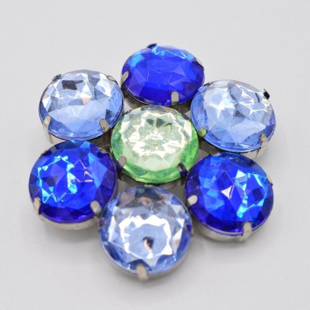 GAP Vintage Crystal Pin Brooch Prong Rhinestone Lucite Blue Mint Signed 90s Bin1